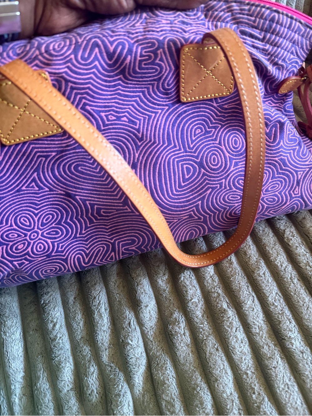 Dooney & Bourke Purple Tote with Pink Pattern and Tan Handles - Picture 4 of 6